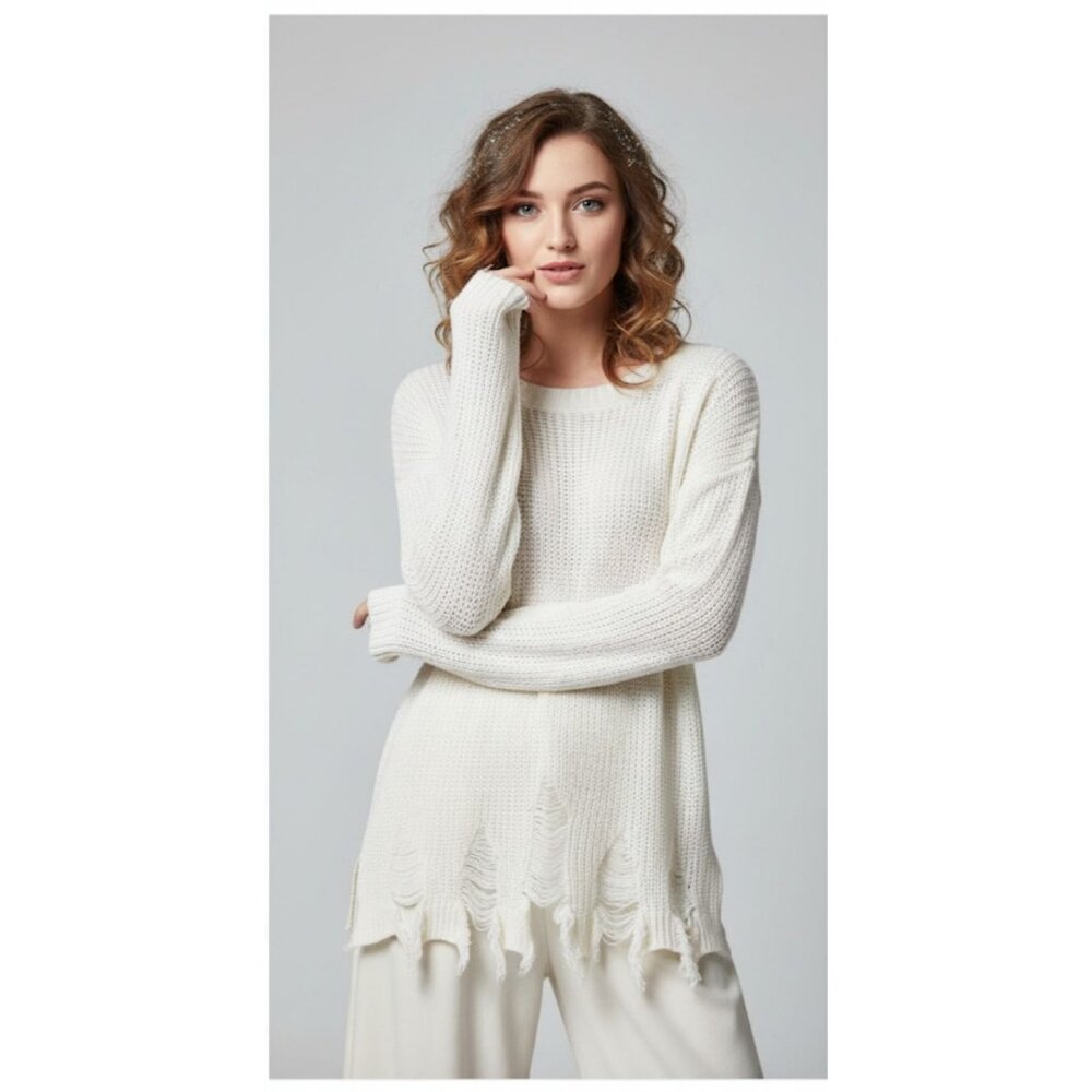 Milly FairyGoth Rocker Hippie Shredded Distressed Sweater White Womens Size S